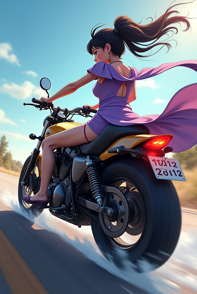 A back view of motorcycle riding of a rider boy and his leady. leady sitting on higher back seat behind the rider, bike move fast and Due to the force of the wind, her frok floats in the wind, and shoes her butt with violet string panty