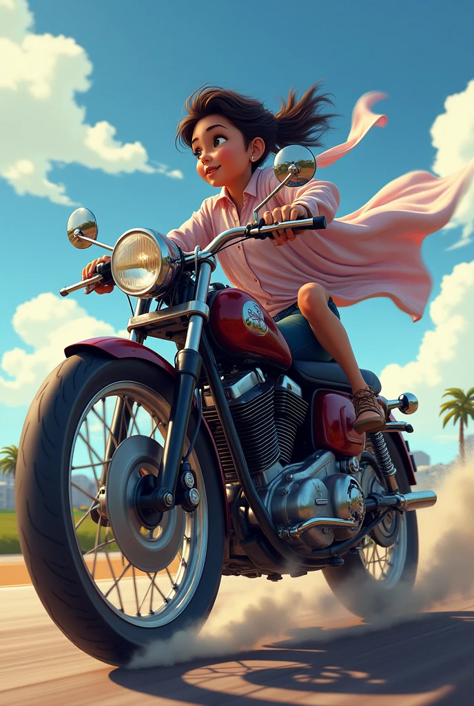 A back view of motorcycle riding of a rider boy and his leady. leady sitting on higher back seat behind the rider, bike move fast and Due to the force of the wind, her frok floats in the wind, and shoes her butt with violet string panty