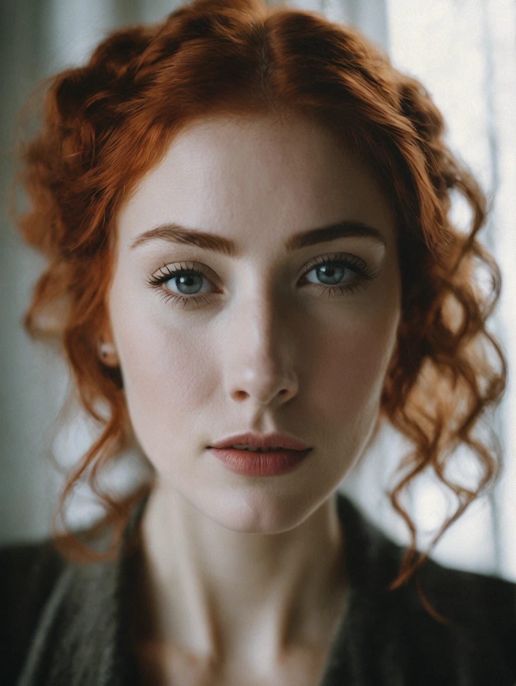 Portrait d'une femme rousse agitée et aléatoire, Photographie cinématographique de haute qualité, Appareil photo argentique Fuji, bruit, 35mm