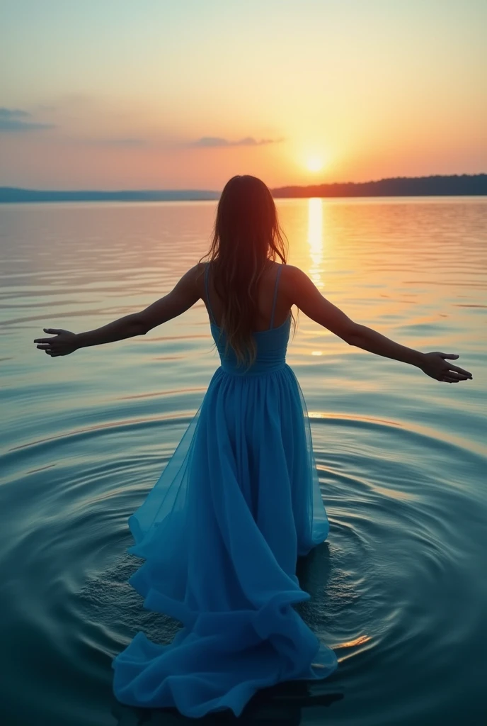 A perfect shot of a woman in a long bluedress, coming out of the water, View from the lake bottom, Watching the setting sun with arms elegantly outstretched, She closed her eyes, Her lips were closed and her legs were stretched out. Her hands are spread out to the sides.. perfect face, perfect hands, ultra-realistic, perfect style, epic, realistic, CinemaScope, No nudity, Transparent clothing is prohibited.,With your back to the camera