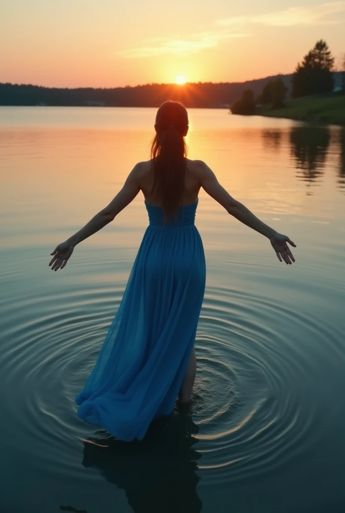 A perfect shot of a woman in a long bluedress, coming out of the water, View from the lake bottom, Watching the setting sun with arms elegantly outstretched, She closed her eyes, Her lips were closed and her legs were stretched out. Her hands are spread out to the sides.. perfect face, perfect hands, ultra-realistic, perfect style, epic, realistic, CinemaScope, No nudity, Transparent clothing is prohibited.,With your back to the camera