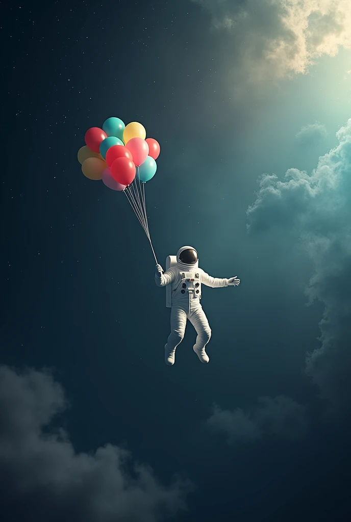 astronaut in space floating is space with balloons in his hand, there are stars behind him in background, there are also space clouds