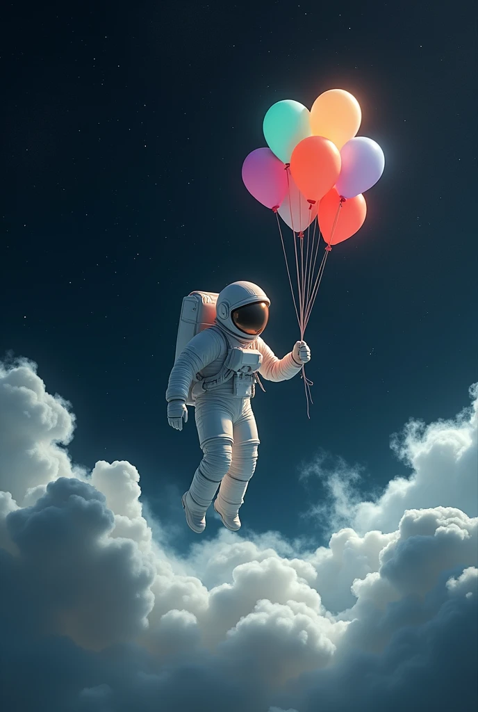 astronaut in space floating is space with balloons in his hand, there are stars behind him in background, there are also space clouds
