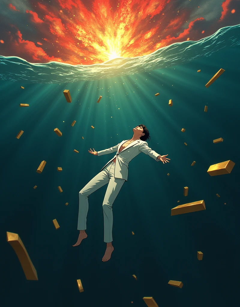 Create a anime style landscape image. an anime style under the water image showing a surreal and dramatic scene of a person in a white suit sinking into deep, The man has dark hair and light skin, dark waters, surrounded by floating gold bars. The figure appears to be floating helplessly, as if falling through the water, with their arms extended and head tilted back. and "his body is oriented horizontally with his back facing the viewer". Above the surface of the water, visible through the distorted view of the depths, there is a fiery explosion, casting a chaotic blend of red, orange, and yellow light onto the water. The gold bars around the person seem to be floating and tumbling through the water, giving the impression of wealth lost in the chaos. The mood should be somber and intense, highlighting themes of loss, wealth, and the overwhelming force of destruction.