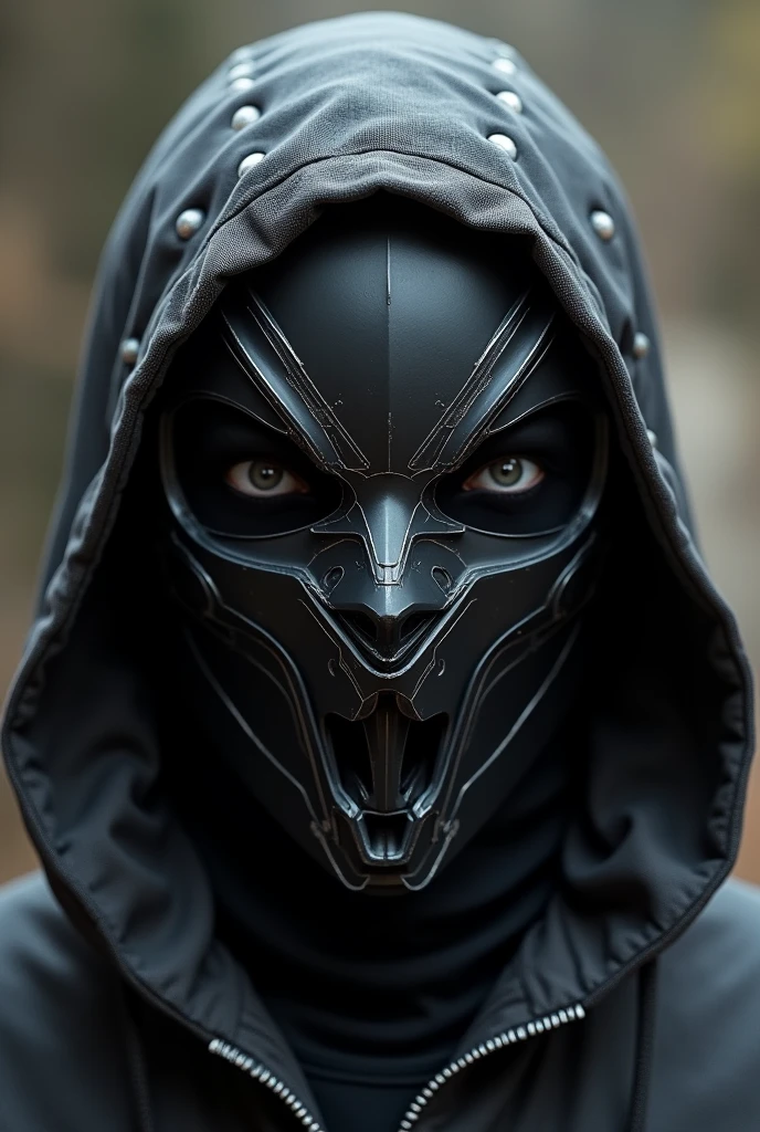 Generate an innovative helmet design for a suit "heroi" themed of "murderous" that he has a black polyester hood with cotton, with white rubber lines and that he has a black steel mask with a resistant plastic front that the mask has white wild eyes made of polymethylene oxide and with small holes in the shape of a point in the nose and mouth of the mask