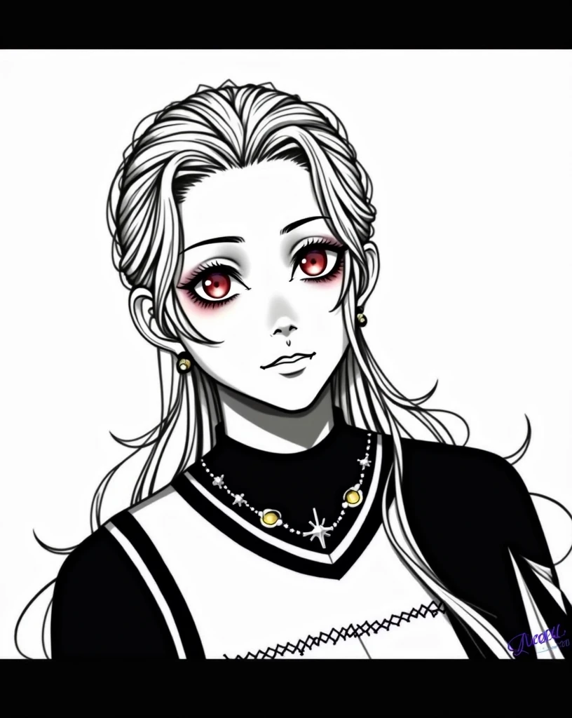 Long, black hair, Eyes red