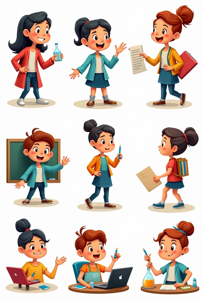 Give me 10 sticker-type images of animated teachers doing educational tasks 