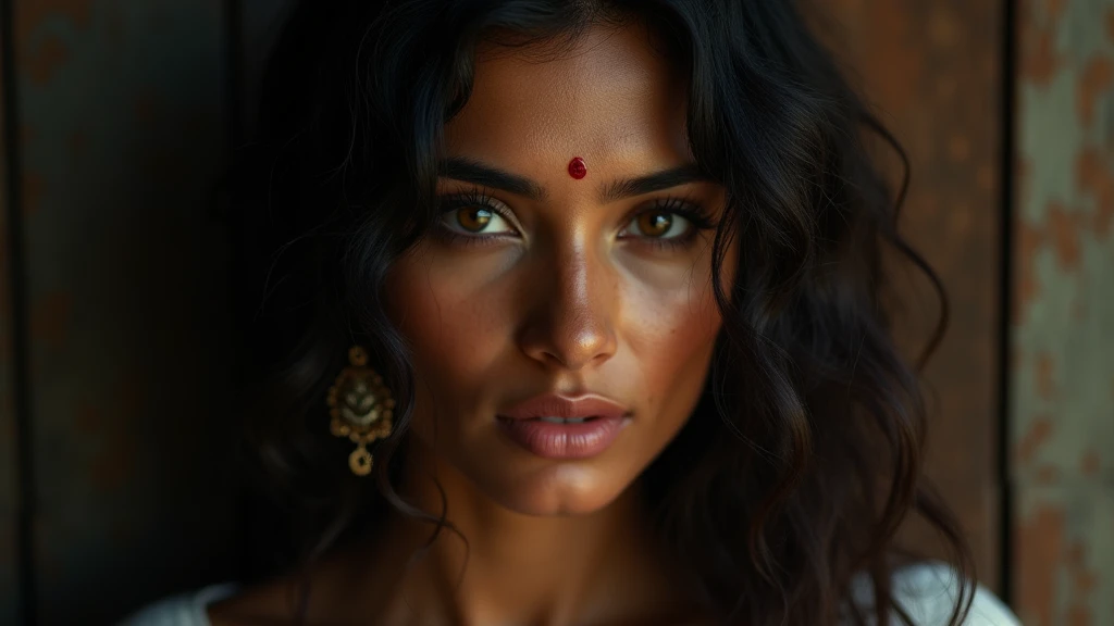 a beautiful mysterious Indian woman, Western fashion, intricate detailed face, piercing eyes, long eyelashes, delicate skin, natural beauty, flowing hair, candid elegant pose, dramatic lighting, cinematic mood, muted color palette, chiaroscuro lighting, high quality, photorealistic, 8k, intricate details, professional rendering