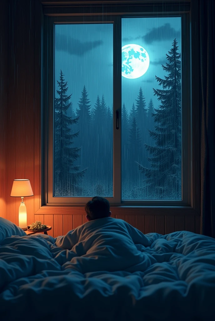 rain seen from bed in a dark room with candlelight and lampshade with cozy atmosphere, large window and external view of pine forest in moonlight, hot weather inside the room and cold weather outside,