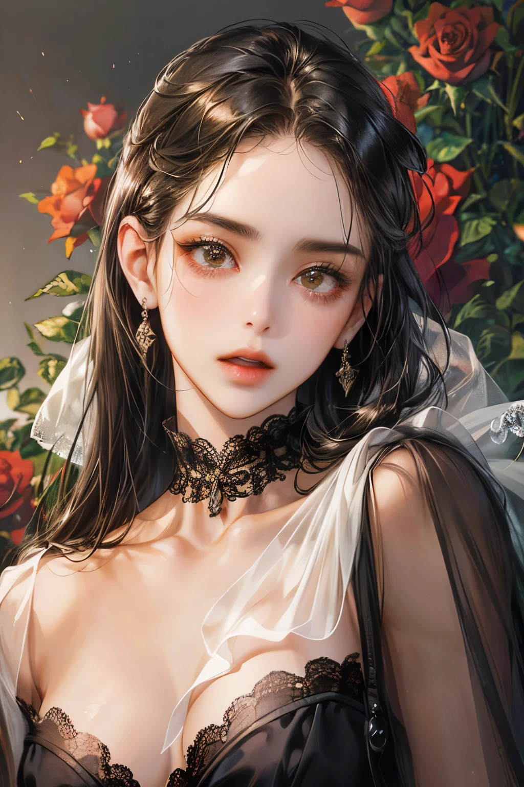 high resolution, Masterpiece, Anatomically correct, best quality, Honored many times, details, detailsสูง, โมเดลhigh resolution, realistic textures, high resolutionสุด, lover , rose garden, Man, black hair, black and white shirt with open chest, Women, black hair, long hair, red dress, sexy, Mouth open, shut your mouth, brown eyes, Rose background