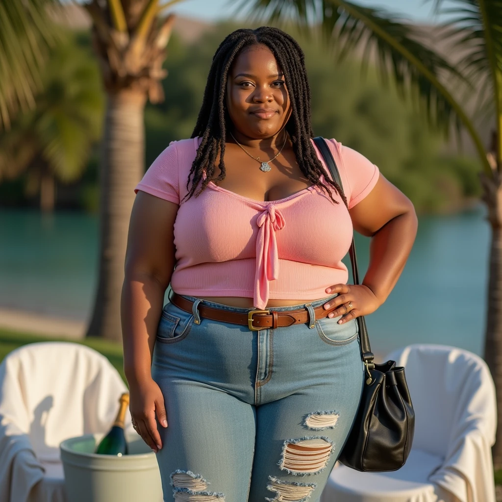 vintage photography of a overweight young woman as a ((mechanic)) with ((cornrows hair)) wearing (vintage clothes),dressed in pink cropped top,ribbed texture,tie-front detail,blue ripped jeans,casual style,light wash denim,black shoulder bag,brown belt,tropical setting,palm trees,water body,champagne bucket,white draped chair,Standing straight,hands on hips,facing camera,frontal shot,eye-level angle,centered subject,in a mystical land of eternal twilight,strong backlight,high key lighting,(selfie:1.1),shot on Canon EOS 90D with Canon EF-S 18-135mm f-3.5-5.6 IS USM,photo by Lillian Bassman 