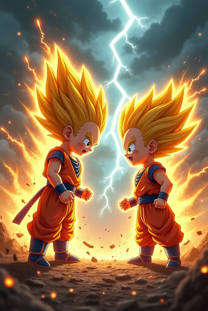 Goku and Vegeta in a fight but they are children and both in Super Saiyan