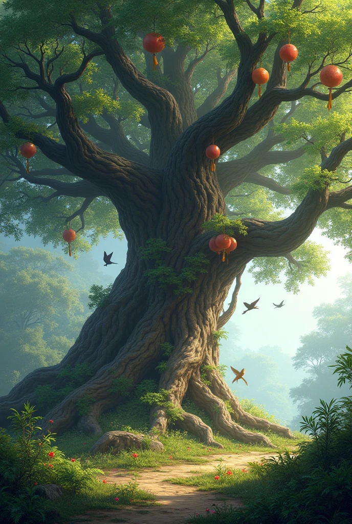 BIG TREE WITH BIRDS AND FRUIT