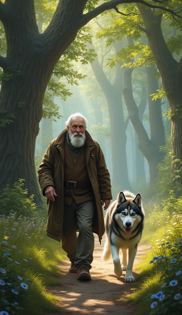 An old man named Hugo used to walk through the woods with his Siberian husky dog., Max.