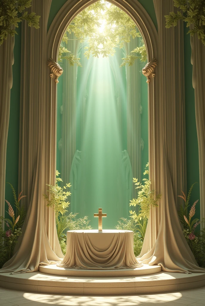 An image of an altar for the divine virgin in beige and emerald green
