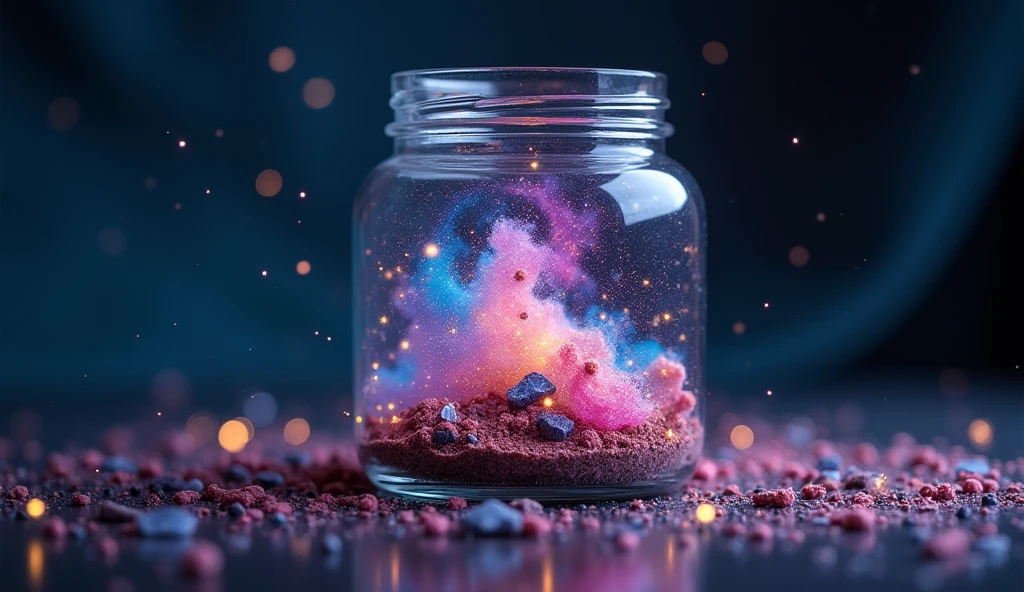 
Close-up of glass jar, Starry sky in a jar, miniature cosmos, Twinkling stars, Colorful Nebula, galaxy, Cosmic dust, Glass reflection, Surface distortion, Background starry sky, Compared, depth, magic, Ethereal Light, Ultra Detailed, Dark background, Paradise beauty, Macro Photography