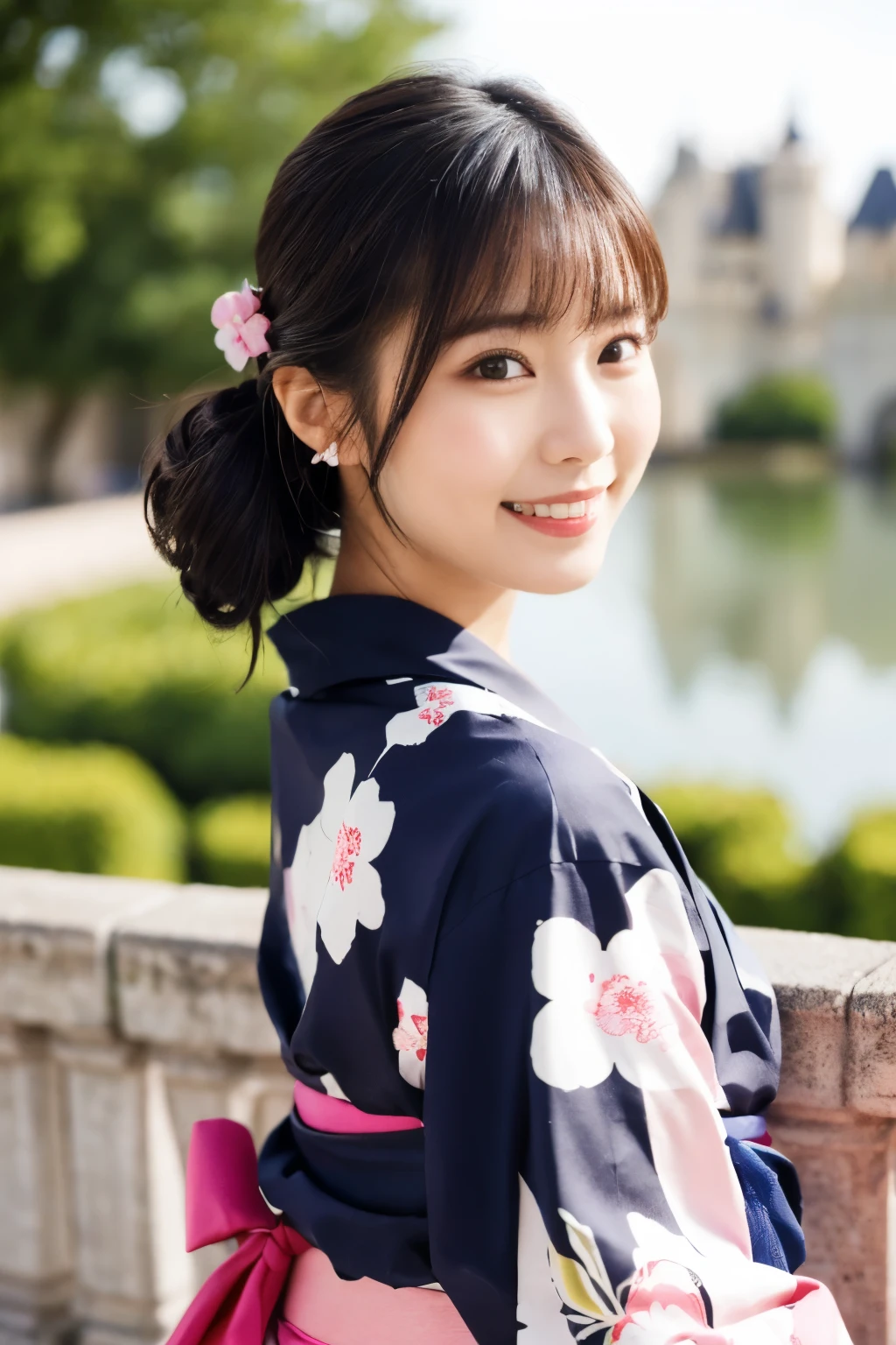 1 person, (Wearing a cute pink yukata.:1.2), Very beautiful Japanese idol portraits, (Young Face),
(RAW Photos, Highest quality), (Realistic, Realistic:1.4), (masterpiece), 
Very delicate and beautiful, Very detailed, 2k wallpaper, wonderful, finely, Very detailed CG Unity 8k 壁紙, Very detailed, High resolution, Soft Light, 
Beautiful details, Very detailed目と顔, Beautiful and sophisticated nose, Beautiful and beautiful eyes, Cinema Lighting, 
(Commemorative photo at the Loire Castle:1.3), 
(Japanese hairstyle), (Tie your hair at the back:1.3), (bangs), (hairpin), 
Complete Anatomy, Slender body, Small breasts, smile