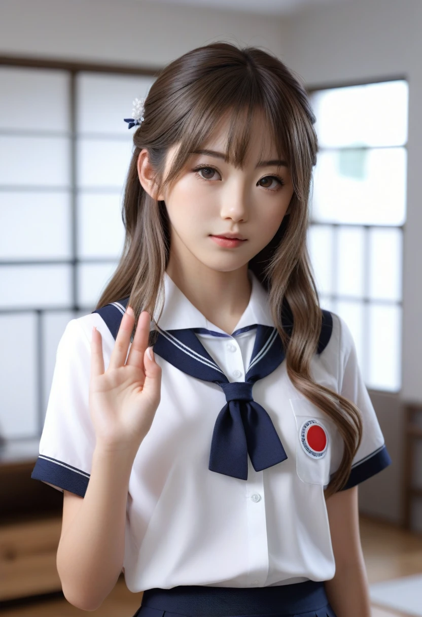 8k, raw photo, best quality, masterpiece, realistic, photo realistic, clear, professional lighting, beautiful face, best quality,ultra high res, realistic japanese, Super detailed, detailed fingers, 1girl, shiny hair, detailed hair, modern living room,standing, full body, school uniform,