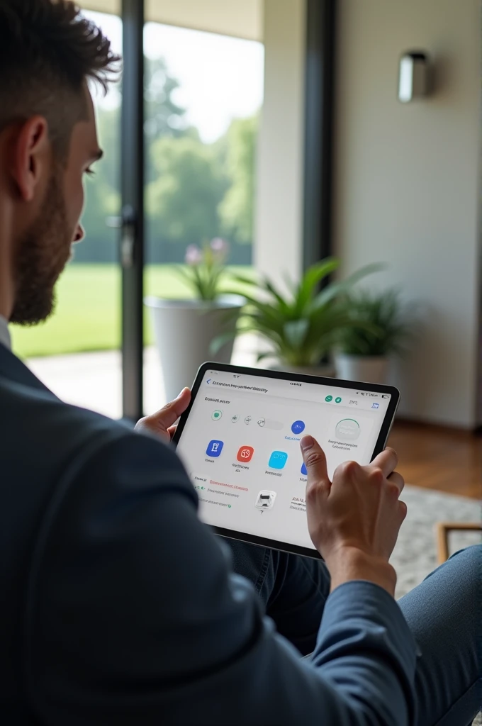 Person using ipad to turn on air conditioning in his smart home