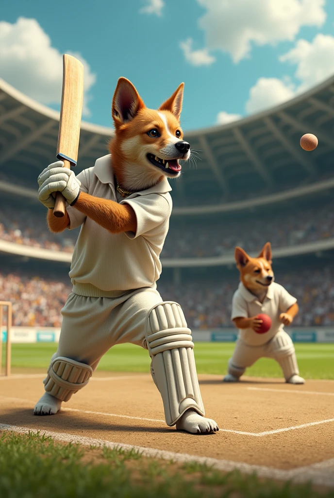 A dog playing cricket hitting a six in a stadium with a knife not a bat and kitchen another dog with his feet and now bowling 100 of dogs