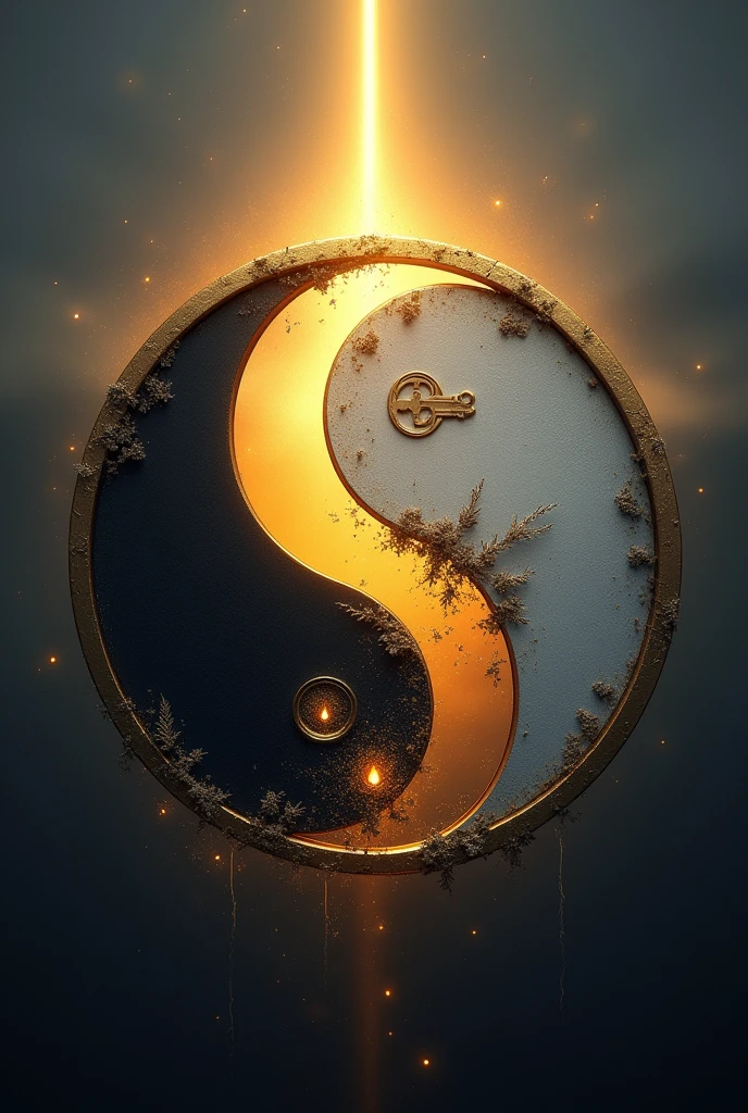 Central symbol: Ying e Yang
Visual: A stylized Ying and Yang symbol, representing the duality between good and evil, the balance between opposing forces.
styled: Ying and Yang can be modernized with softer lines and colors that go beyond the traditional black and white., perhaps using gold and silver to suggest spirituality and salvation.
effect: Within the two parts of the symbol, you can insert small details like a flame or a leaf (representing life and purity) and a small shadow or crack (representing the challenge of evil).
2. Dualist Fund: Heaven and Earth Visual: The background can be divided diagonally, with one half showing a clear sky, serene, with golden light (symbolizing good and salvation), and the other half a night or twilight scene, with darker tones, like deep blue or black (symbolizing evil or spiritual challenge).
integration: The Ying and Yang symbol can be positioned in the center of this division., symbolizing the union between these two aspects.
3. Spiritual Element: Luz e ombre
Visual: A beam of light passing through the central Ying and Yang symbol, like a halo or ray of light, representing the idea of salvation or spiritual enlightenment. Light can come from a central point, giving the impression that it is "Lighting up" the darkest part of the image.
ombre: On the opposite side of the light, there may be a soft shadow or a dark gradient, suggesting the presence of evil or spiritual challenges that need to be overcome.
4. Symbol of Salvation: Visual Abstract Key or Cross: A small golden key or a stylized, abstract cross, integrated into the center or top of the central symbol. The key can symbolize the "key of salvation", while the cross can represent a symbol of faith or redemption, without necessarily being directly associated with religion.
Positioning: The key or the cross may be in the middle of the light, suggesting that salvation or redemption is at the center of the spiritual journey.
5. styled de Design: Symbolic Minimalism