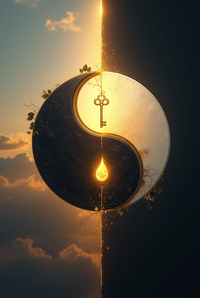 Central symbol: Ying e Yang
Visual: A stylized Ying and Yang symbol, representing the duality between good and evil, the balance between opposing forces.
styled: Ying and Yang can be modernized with softer lines and colors that go beyond the traditional black and white., perhaps using gold and silver to suggest spirituality and salvation.
effect: Within the two parts of the symbol, you can insert small details like a flame or a leaf (representing life and purity) and a small shadow or crack (representing the challenge of evil).
2. Dualist Fund: Heaven and Earth Visual: The background can be divided diagonally, with one half showing a clear sky, serene, with golden light (symbolizing good and salvation), and the other half a night or twilight scene, with darker tones, like deep blue or black (symbolizing evil or spiritual challenge).
integration: The Ying and Yang symbol can be positioned in the center of this division., symbolizing the union between these two aspects.
3. Spiritual Element: Luz e ombre
Visual: A beam of light passing through the central Ying and Yang symbol, like a halo or ray of light, representing the idea of salvation or spiritual enlightenment. Light can come from a central point, giving the impression that it is "Lighting up" the darkest part of the image.
ombre: On the opposite side of the light, there may be a soft shadow or a dark gradient, suggesting the presence of evil or spiritual challenges that need to be overcome.
4. Symbol of Salvation: Visual Abstract Key or Cross: A small golden key or a stylized, abstract cross, integrated into the center or top of the central symbol. The key can symbolize the "key of salvation", while the cross can represent a symbol of faith or redemption, without necessarily being directly associated with religion.
Positioning: The key or the cross may be in the middle of the light, suggesting that salvation or redemption is at the center of the spiritual journey.
5. styled de Design: Symbolic Minimalism