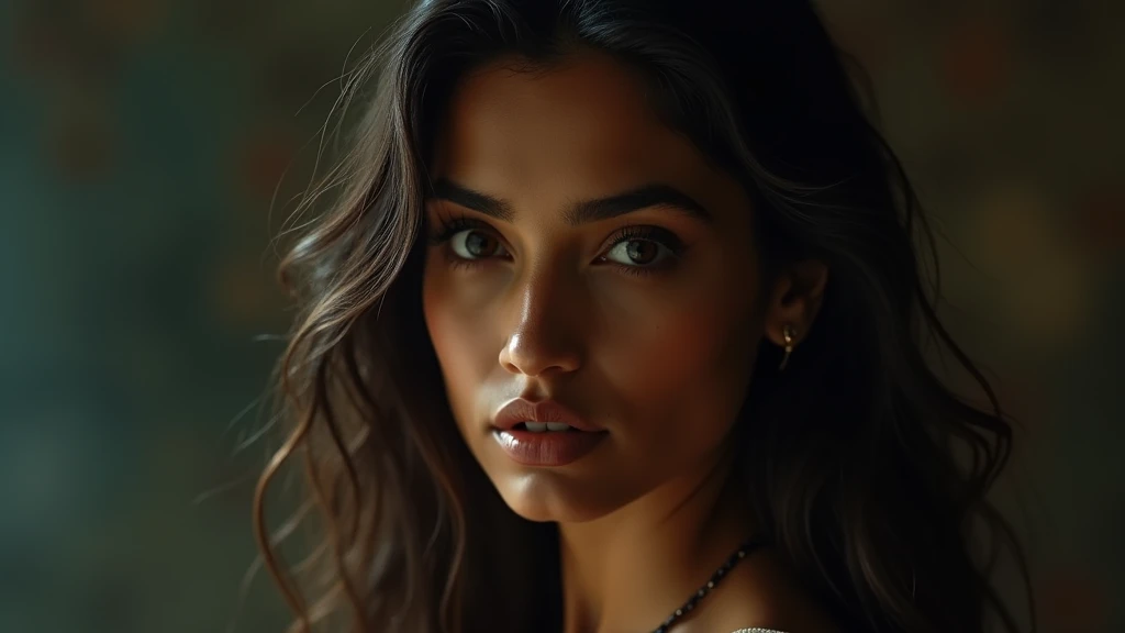 a beautiful mysterious Indian woman, Western fashion, intricate detailed face, piercing eyes, long eyelashes, delicate skin, natural beauty, flowing hair, candid elegant pose, dramatic lighting, cinematic mood, muted color palette, chiaroscuro lighting, high quality, photorealistic, 8k, intricate details, professional rendering
