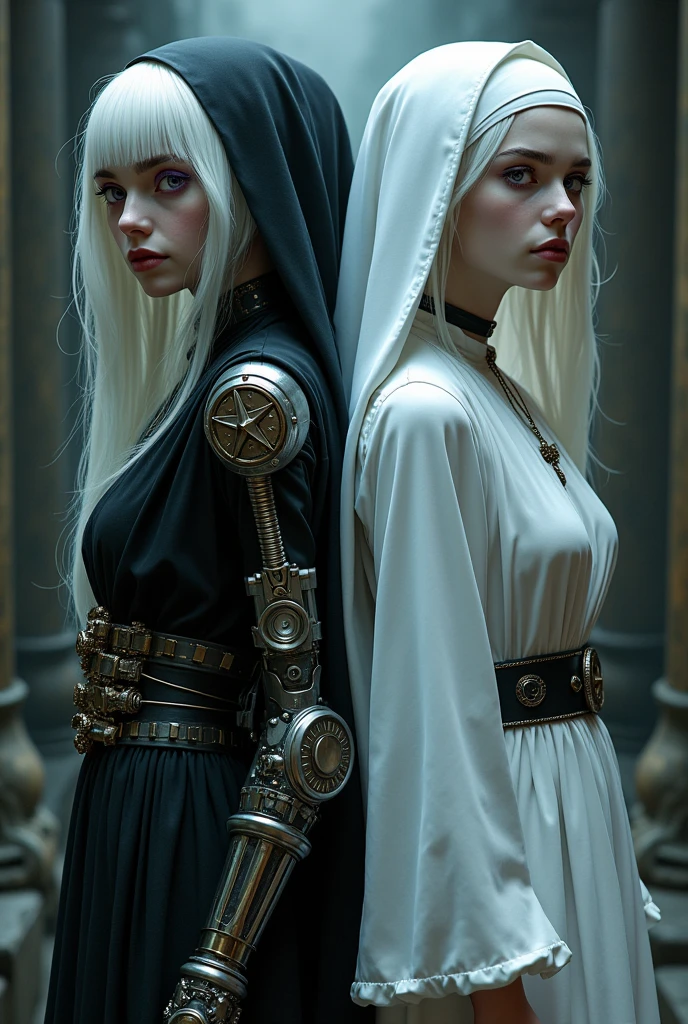 Middle Ages Albino, with dark alchemist clothes, White hair, violet eyes with a pentagram and a steampunk prosthesis on the left arm, with her back against the back of her twin sister dressed in white nun&#39;s clothes with a cross around her neck.