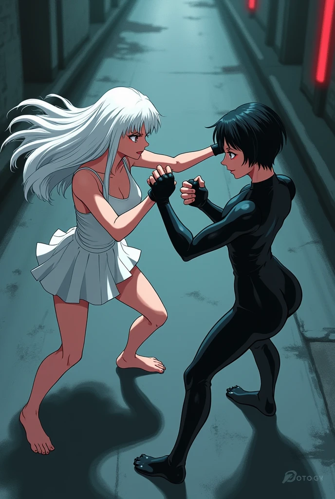 The image is anime style Darker than black with shadows and dim lights, anime style although somewhat adult and dark, It shows a scene of the roads of a city. In the image, an albino with long white hair and red eyes is fighting., who wears a short white dress and has bare feet, against a female android who has short black hair and a latex suit and one blue eye and the other brown. They fight bare-knuckle on the road. They are in combat stances. The image is focused from above, so you can barely see the fighters in question. Only they are in the picture