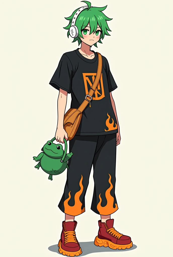 male character, with green hair, green eyes, white headphones with stars, a kawaii green frog bag , black shirt with fire pattern, black pants with fire pattern, orange and red boots, and be an adult.