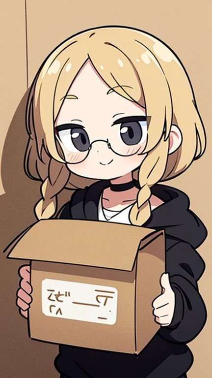 Beige hair color, center parted bangs, soft braids on both sides, scissors motif choker, woman, shy smile, sunglasses, black sleeveless hoodie, holding cardboard box