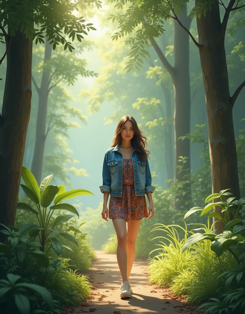 relaxed woman walking through a lush, green forest path, surrounded by tall trees and dappled sunlight. She’s dressed in a casual yet stylish denim jacket over a floral print mini dress, her natural beauty enhanced by the tranquil surroundings. The background is rich with detailed foliage, soft shadows, and a peaceful atmosphere."