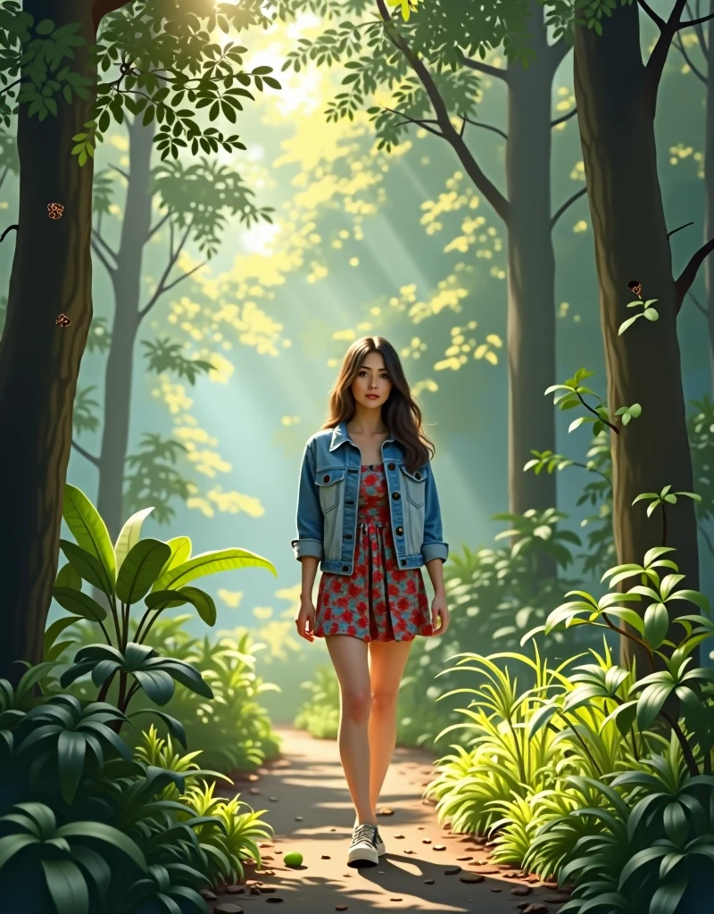 relaxed woman walking through a lush, green forest path, surrounded by tall trees and dappled sunlight. She’s dressed in a casual yet stylish denim jacket over a floral print mini dress, her natural beauty enhanced by the tranquil surroundings. The background is rich with detailed foliage, soft shadows, and a peaceful atmosphere."