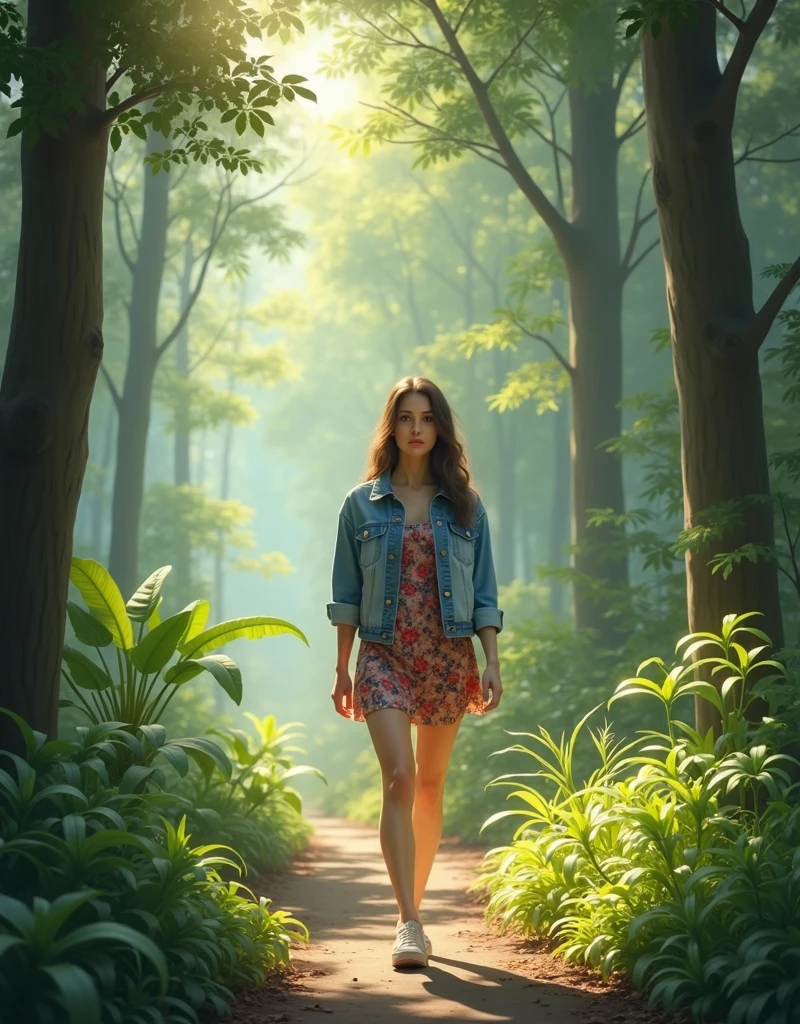 relaxed woman walking through a lush, green forest path, surrounded by tall trees and dappled sunlight. She’s dressed in a casual yet stylish denim jacket over a floral print mini dress, her natural beauty enhanced by the tranquil surroundings. The background is rich with detailed foliage, soft shadows, and a peaceful atmosphere."
