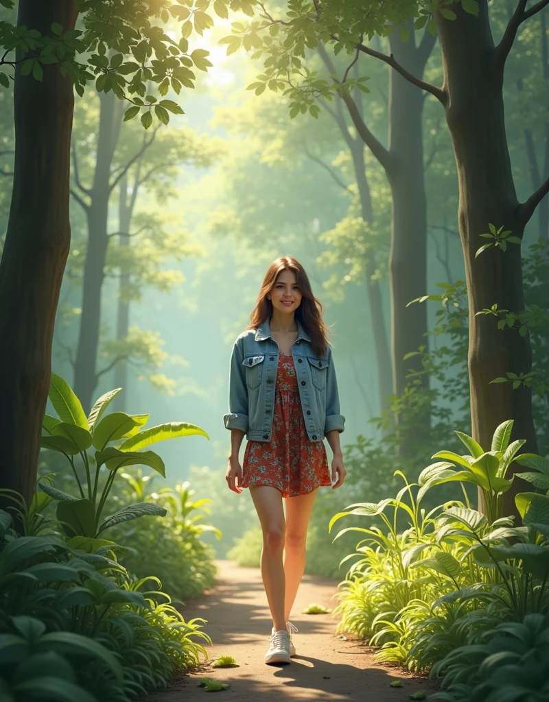 relaxed woman walking through a lush, green forest path, surrounded by tall trees and dappled sunlight. She’s dressed in a casual yet stylish denim jacket over a floral print mini dress, her natural beauty enhanced by the tranquil surroundings. The background is rich with detailed foliage, soft shadows, and a peaceful atmosphere."