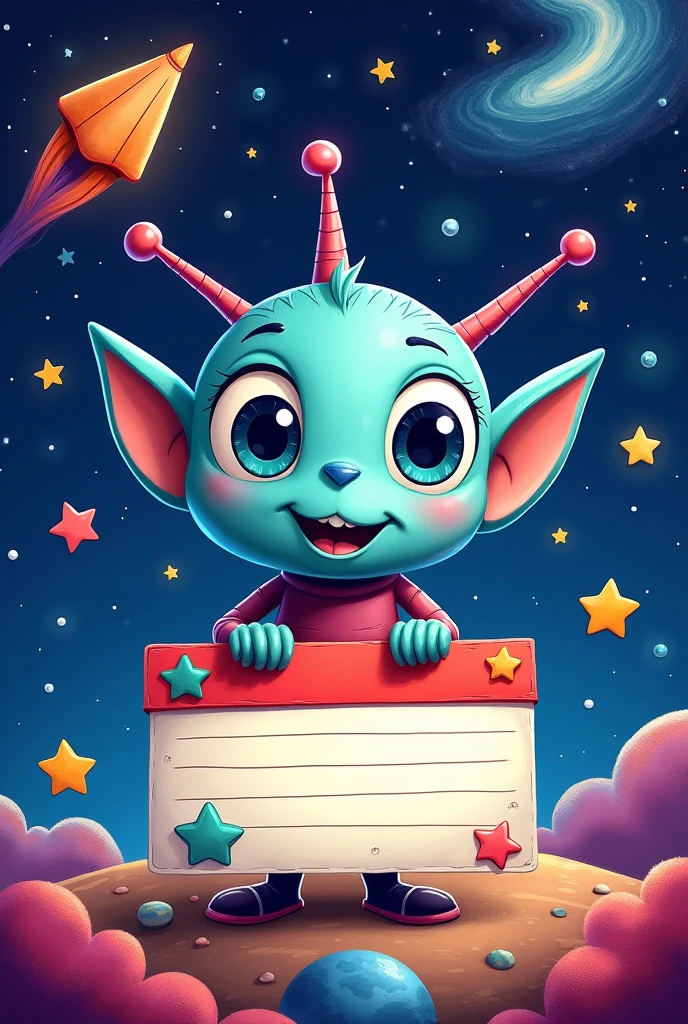 Create an image of a space-themed name tag for a course that will be taught to children