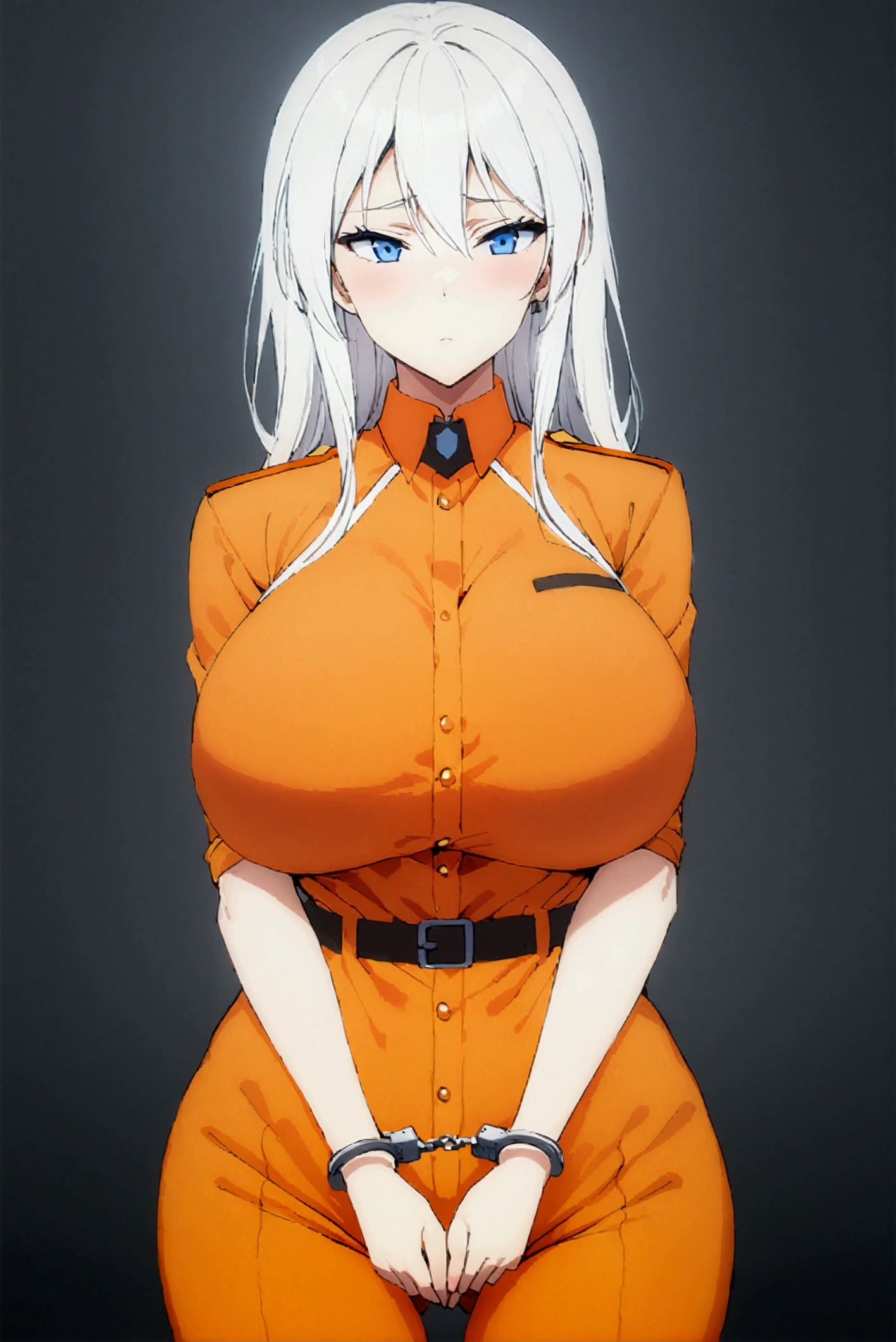 ,orange jumpsuit, uniform, orange pants,Waist Chain, Hands tucked in between thighs, arms tucked in between thighs, Handcuffs, big breasts, long white hair, blue eyes, milf