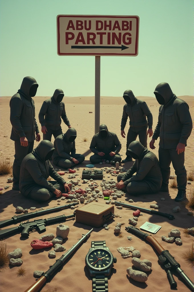 Make me a cartelit weapons drugs watch in the middle of nowhere with people who kidnapped them with drugs and everything behind them is Abu side parting on a sign