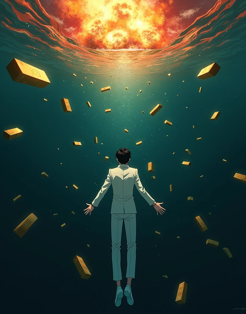 Create a anime style landscape image. an anime style under the water image showing a surreal and dramatic scene of a person in a white suit, white shoes, and sinking into deep, The man has dark hair and light skin, dark waters, surrounded by floating gold bars. The figure appears to be floating helplessly, as if falling through the water, with their arms extended and head tilted back. and "his body is oriented horizontally with his back facing the viewer". Above the surface of the water, visible through the distorted view of the depths, there is a fiery explosion, casting a chaotic blend of red, orange, and yellow light onto the water. The gold bars around the person seem to be floating and tumbling through the water, giving the impression of wealth lost in the chaos. The mood should be somber and intense, highlighting themes of loss, wealth, and the overwhelming force of destruction.