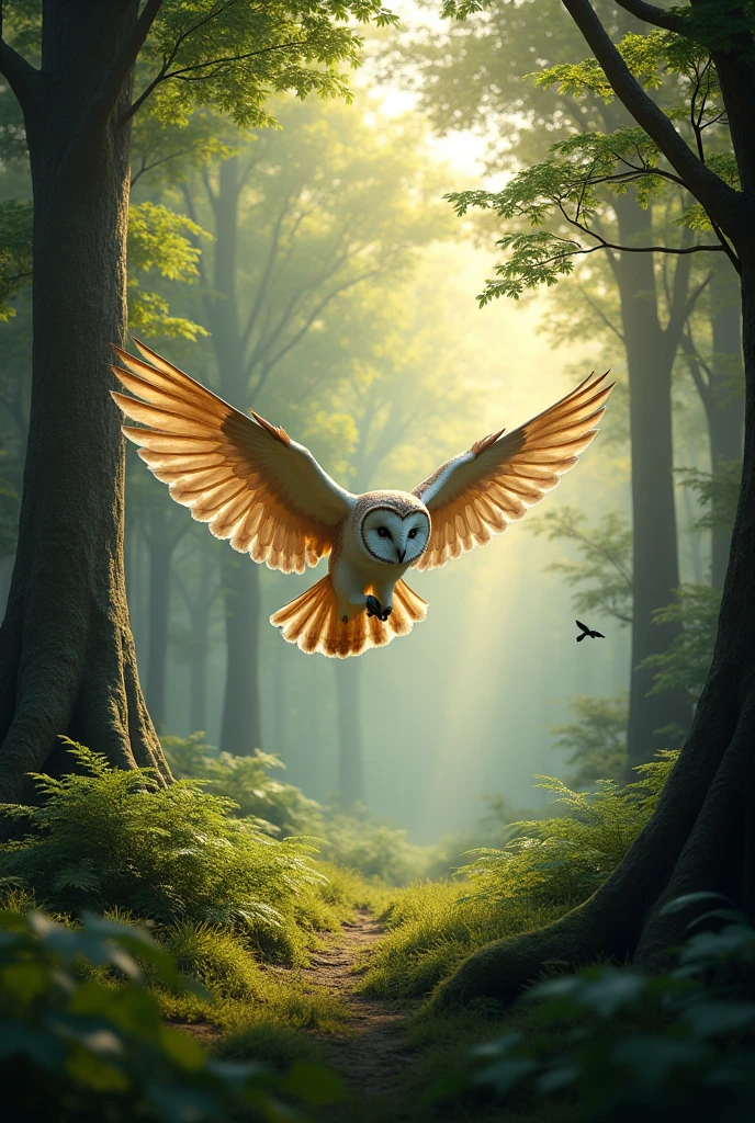 owl flies through the forest