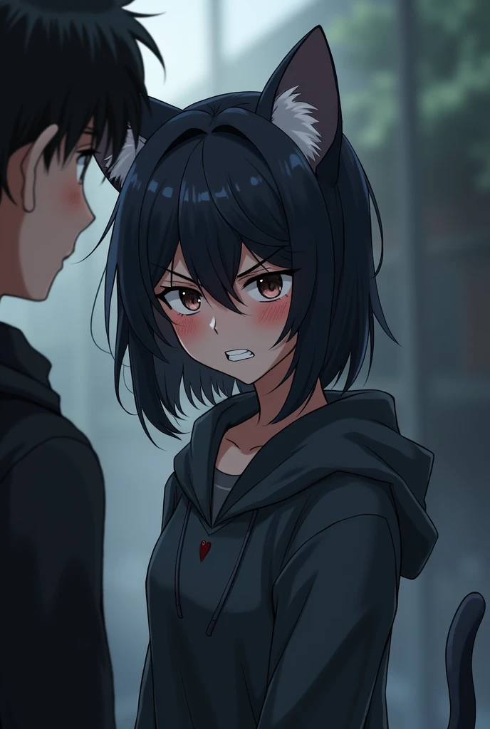 A black-haired girl with cat ears on her head is upset and angry at the boy, and turns away.