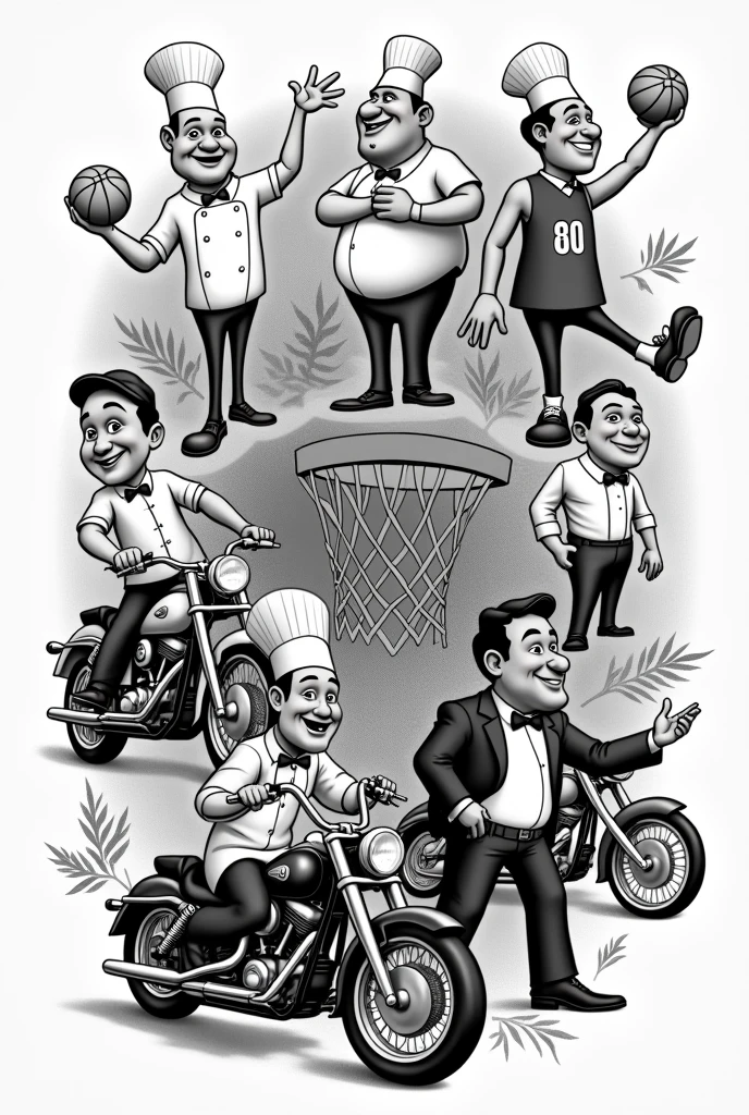Create a collage with cartoons related to chefs, basketball, motorcycles and hotels in black and white drawings
