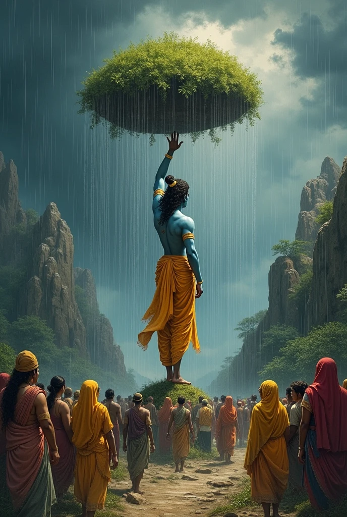 Shri krishna pull gobardhan hill on finger standing on stone. People taking shelter under to save from huge rain