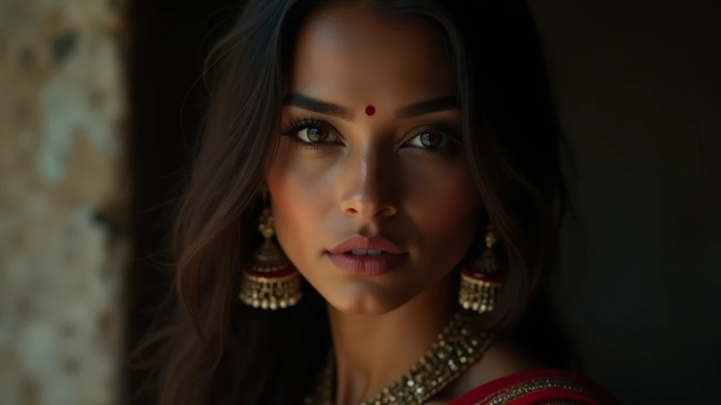 a beautiful mysterious Indian woman, Western fashion, intricate detailed face, piercing eyes, long eyelashes, delicate skin, natural beauty, flowing hair, candid elegant pose, dramatic lighting, cinematic mood, muted color palette, chiaroscuro lighting, high quality, photorealistic, 8k, intricate details, professional rendering