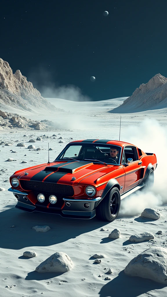 Masterpiece, best quality, Extremely detailed, Beautiful shadows, cyberpunk style, Unity, Wallpaper, 1968 ford mustang red shelby, drifting on the moon. highly detailed clean, photorealistic in frame, masterpiece, professional photography, realistic car, isometric, vibrant color vector, 8К, Insanely detailed, Tattooed arms, Portrait, Realistic, Detailed face, by Christophe Young, Ilya Kuvshinov