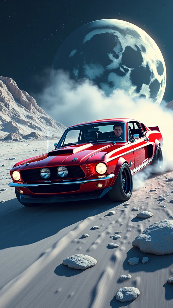 Masterpiece, best quality, Extremely detailed, Beautiful shadows, cyberpunk style, Unity, Wallpaper, 1968 ford mustang red shelby, drifting on the moon. highly detailed clean, photorealistic in frame, masterpiece, professional photography, realistic car, isometric, vibrant color vector, 8К, Insanely detailed, Tattooed arms, Portrait, Realistic, Detailed face, by Christophe Young, Ilya Kuvshinov