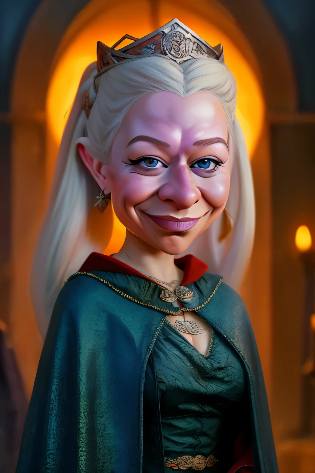 (((caricature style: 1.5))), exaggerated features, bold lines, vibrant colors, digital painting, cartoonish, big head, smiling,long neck,  (( Rhaenyra Targaryen caricature, exaggerated features, silver hair flowing in the wind, intense purple eyes)) , regal yet determined expression, dragon scales subtly integrated into her clothing, sitting on an iron throne made of dragon bones, background of a burning city, dramatic lighting, digital painting, cartoonish, bold lines, vibrant colors, high contrast, sharp details, fantasy elements, medieval atmosphere, epic and powerful, (masterpiece: 2), best quality, ultra highres, original, extremely detailed, perfect lighting
