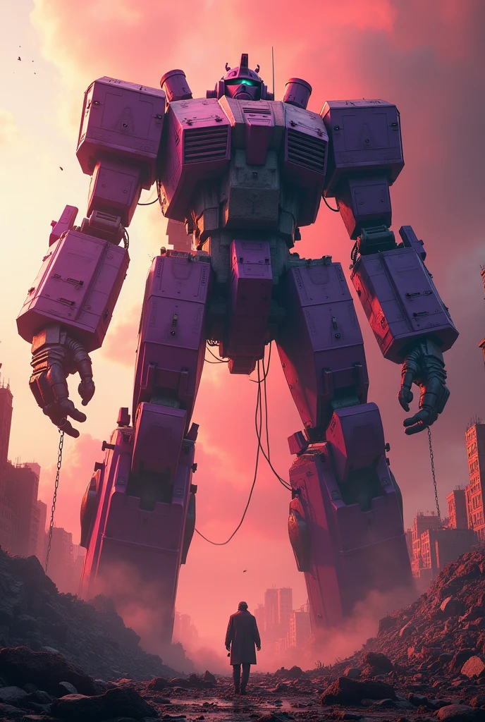 (photorealism: 1.2), war robot, purple giant, destroying all its path, destroyed buildings, reddish sky, apocalypse