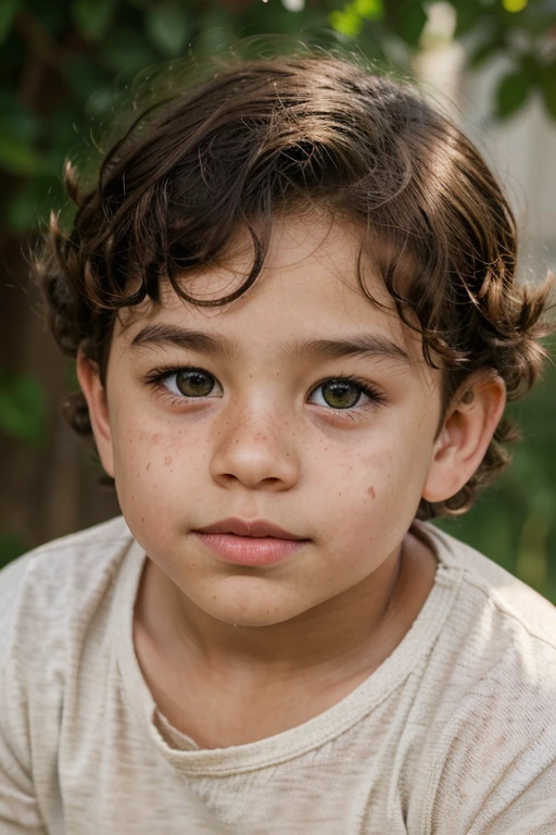 a  boy with slightly slanted honey green eyes,with big ears and dark skin,with light brown curls,with thick pink lips,with big cheeks,with barely noticeable freckles

