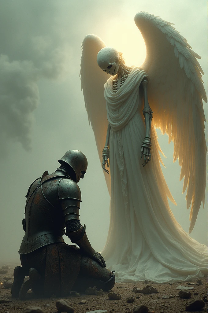 A skeleton in armor kneels before an angel after the battle, but the angel looks away, offended.